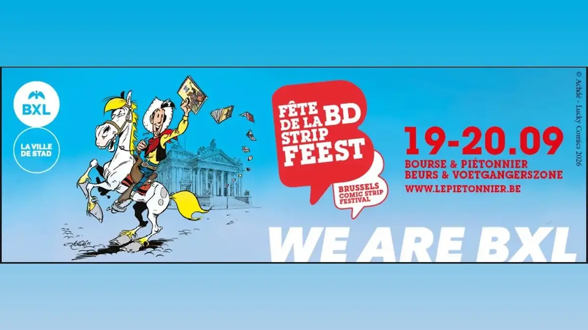 Affiche officielle de la Fête de la BD 2026 à Bruxelles : Lucky Luke à cheval devant la Bourse, dates 19-20.09, Bourse et piétonnier