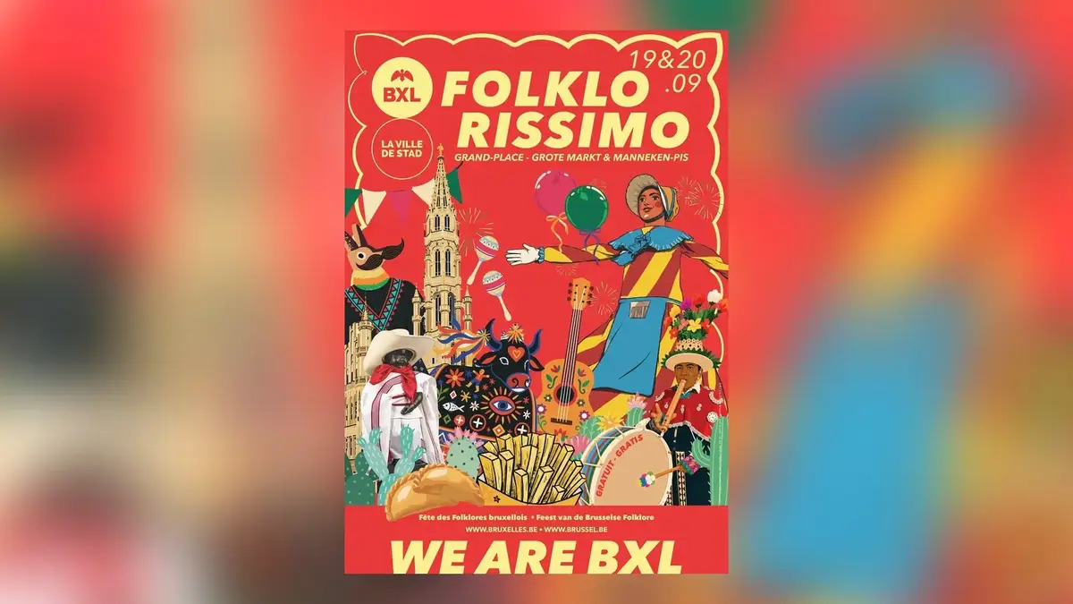 Locandina ufficiale colorata di Folklorissimo 2026, festa dei folclori di Bruxelles sulla Grand-Place il 19 e 20 settembre