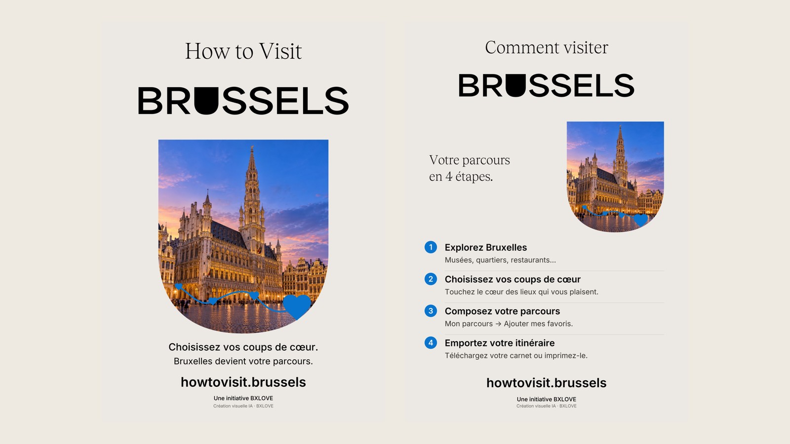 Die Flyer „How to Visit BRUSSELS“ und „Comment visiter BRUSSELS“: der beleuchtete Grand-Place in einem Wappen, ein blaues Herz und eine Route in vier Schritten.