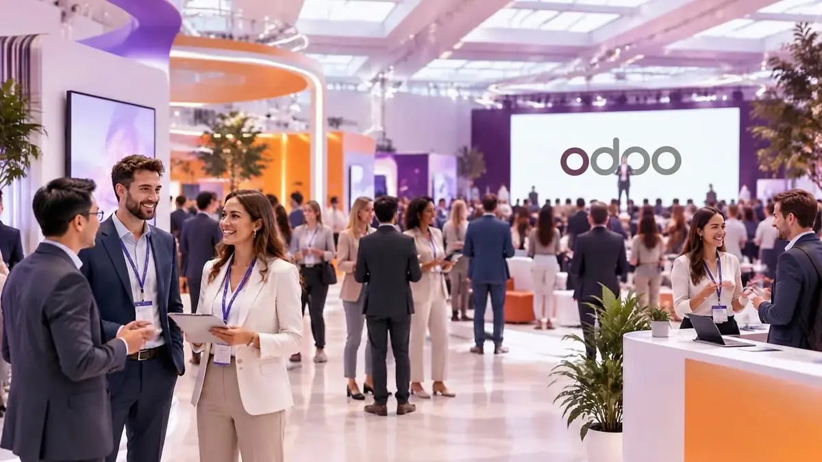 Helle Halle einer Techmesse mit lächelnden Besuchern und einer Bühne im Hintergrund