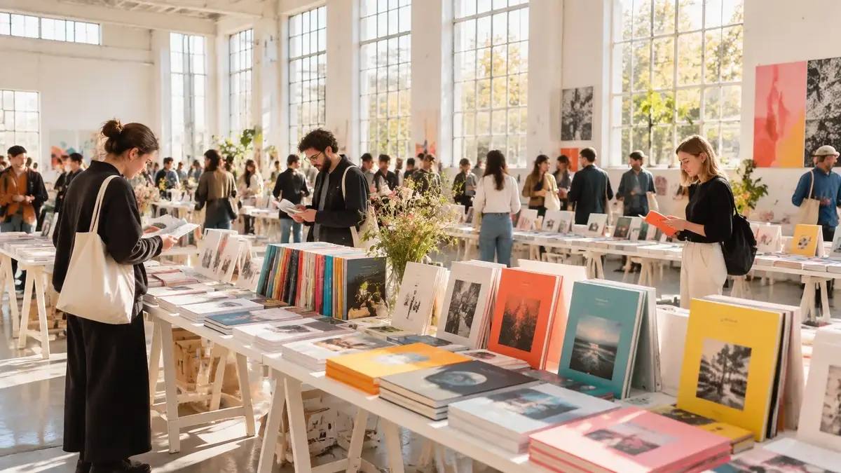 La foire du livre d’art du WIELS : visiteurs feuillettant livres d’artistes et zines dans une grande salle lumineuse baignée de soleil (illustration)